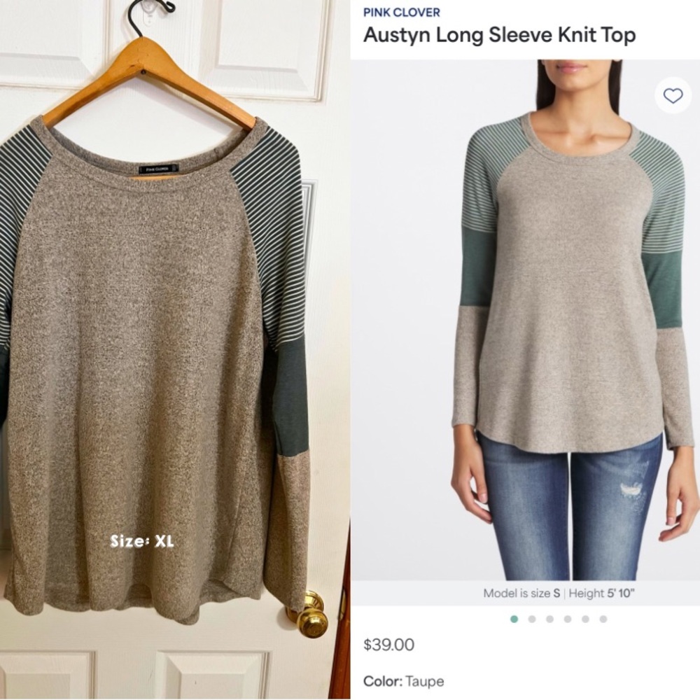 Pink Clover Taupe Knit Top with Green Sleeves